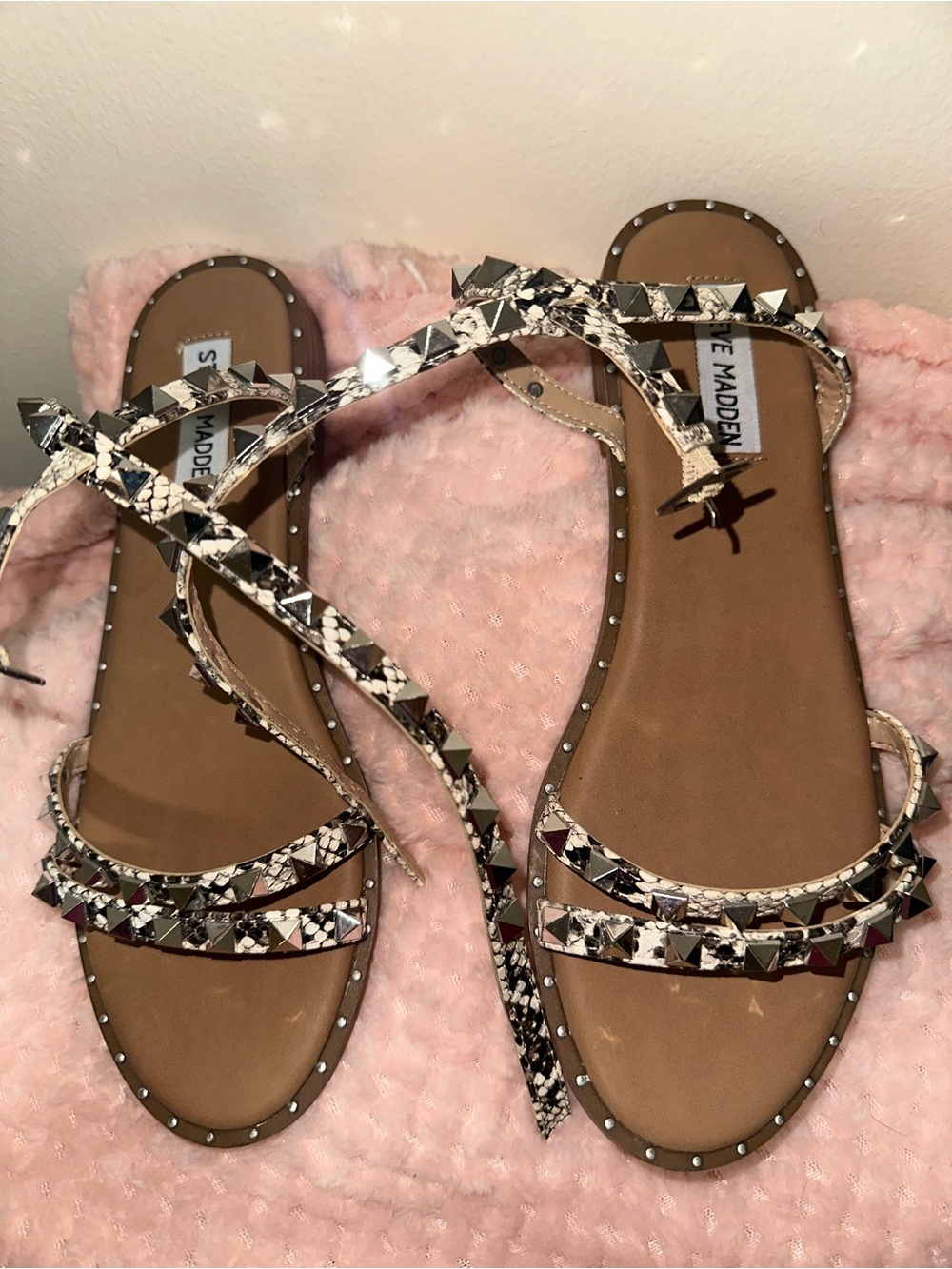 Steve Madden Snake-Print Studded Strappy Sandals — Black & White